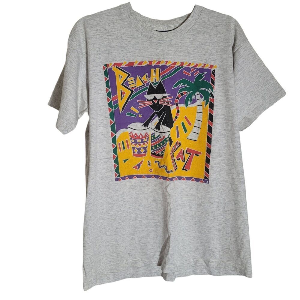 Vintage Rec Staff Beach Cat Graphic Single Stitch Tee Shirt Size Large Cotton